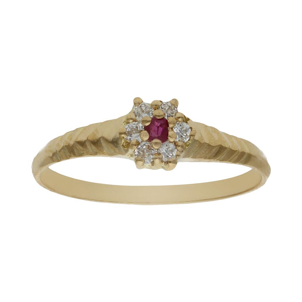 SORTIJA ROSETON ORO 18KL CIRCONITAS + PIEDRA ROJA